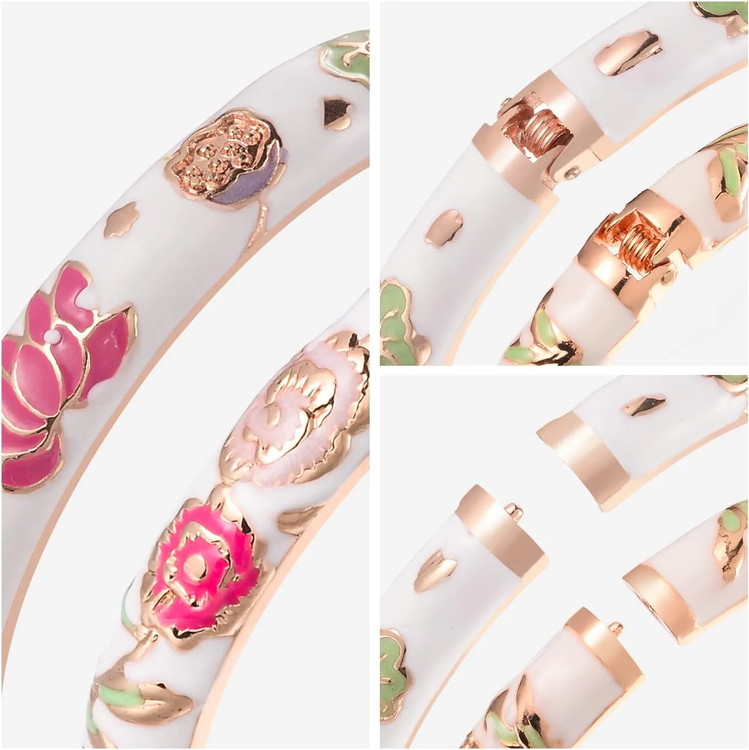 UJOY Vintage Bracelet Gold Plated Enameled Jewelry Spring Hinge Metal Cuff Cloisonne Bangles Set Gift Box Packed 55A