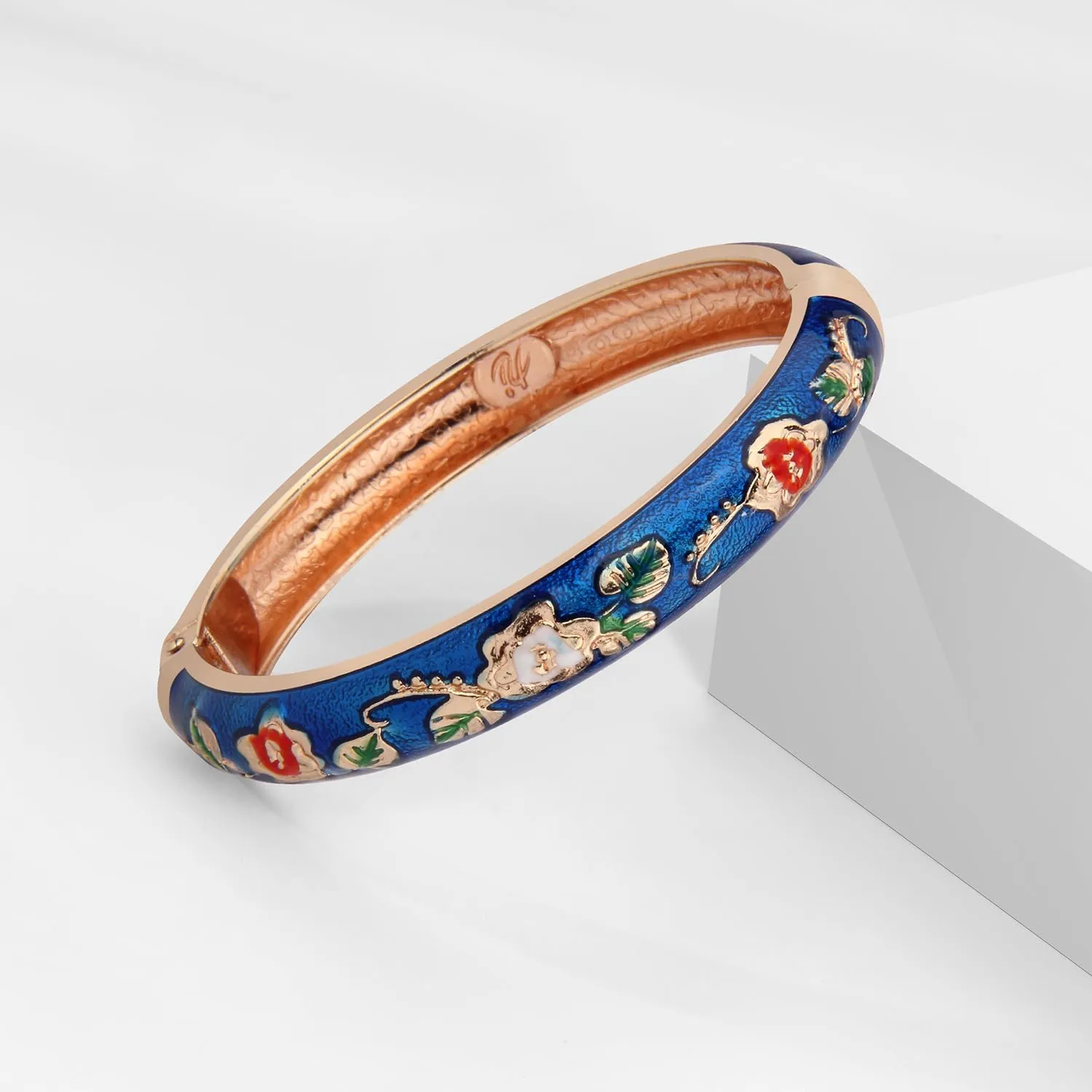 UJOY Vintage Cloisonne Bracelets Cuff Golden Metal Bangles Indian Flower Pink Enameled Jewelry Box for Women