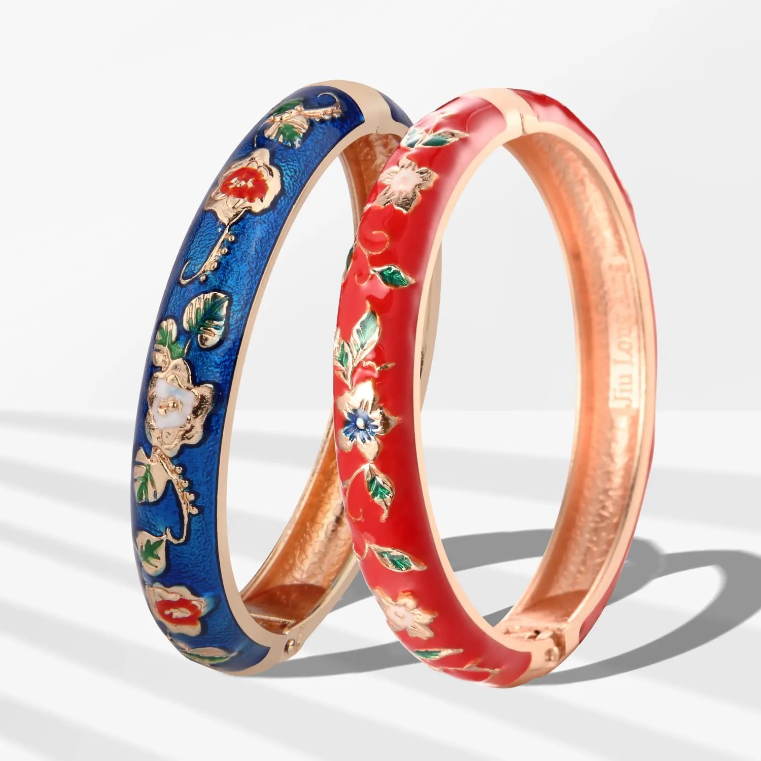 UJOY Vintage Cloisonne Bracelets Cuff Golden Metal Bangles Indian Flower Pink Enameled Jewelry Box for Women