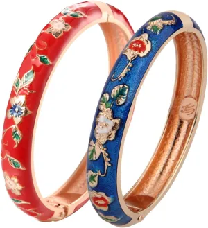 UJOY Vintage Cloisonne Bracelets Cuff Golden Metal Bangles Indian Flower Pink Enameled Jewelry Box for Women