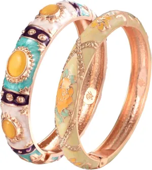 UJOY Vintage Cloisonne Jewelry Bracelet Gold Plated Handmade Bead Rhinestones Enamel Spring Cuff Bangles 2 Pcs Set for Womens Gift 7735