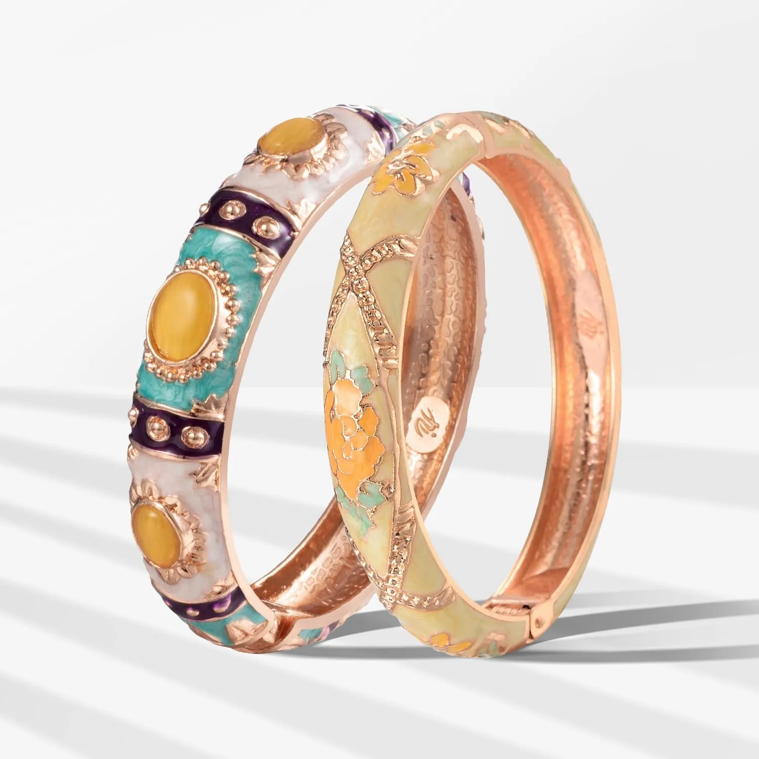 UJOY Vintage Cloisonne Jewelry Bracelet Gold Plated Handmade Bead Rhinestones Enamel Spring Cuff Bangles 2 Pcs Set for Womens Gift 7735