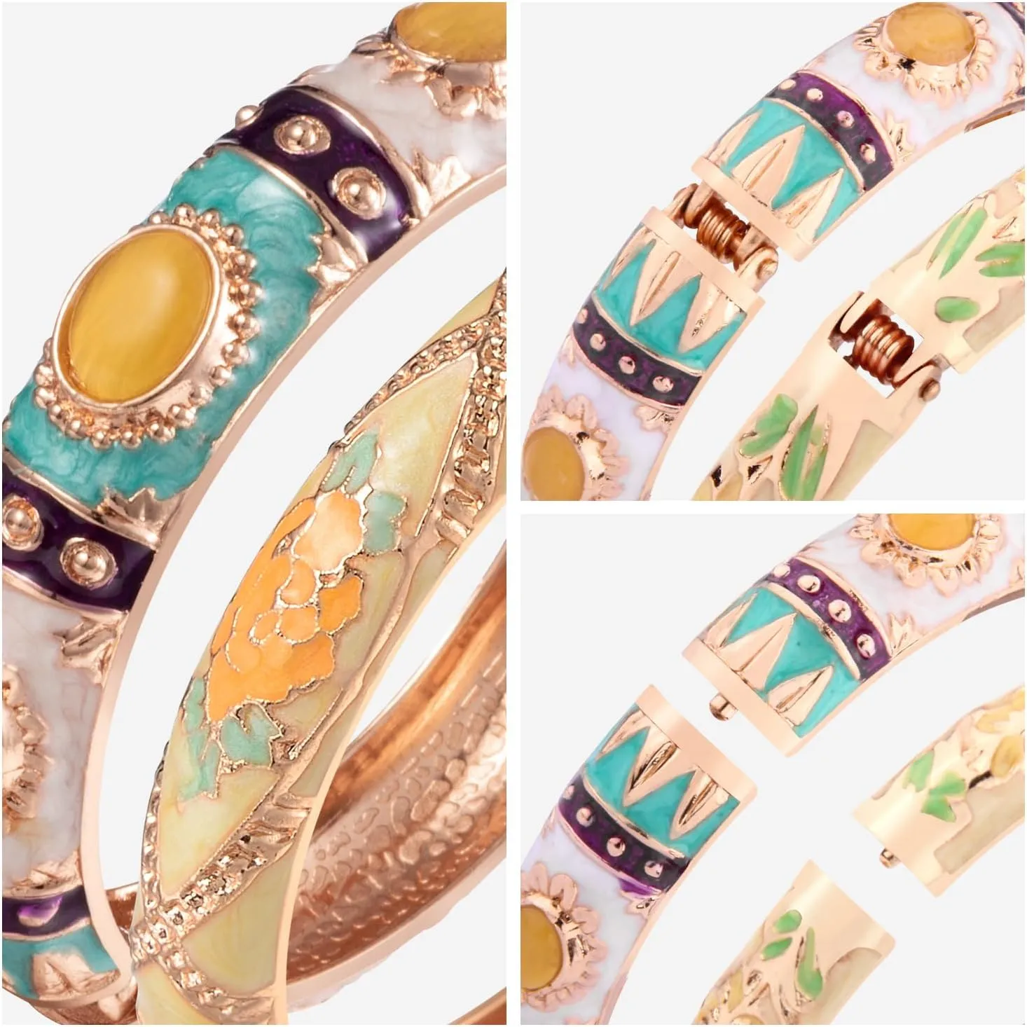 UJOY Vintage Cloisonne Jewelry Bracelet Gold Plated Handmade Bead Rhinestones Enamel Spring Cuff Bangles 2 Pcs Set for Womens Gift 7735