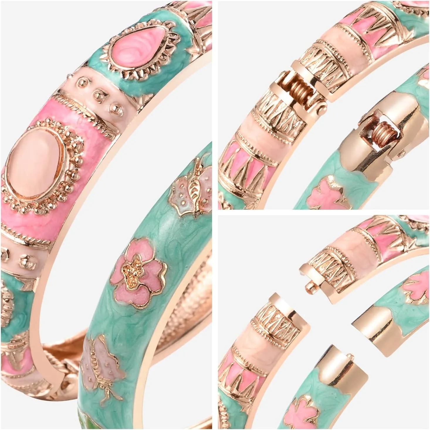 UJOY Vintage Jewelry Cloisonne Handcrafted Enameled Butterfly Flower Gorgeous Rhinestone Gold Hinged Cuff Bracelet Bangles Gifts 88A09