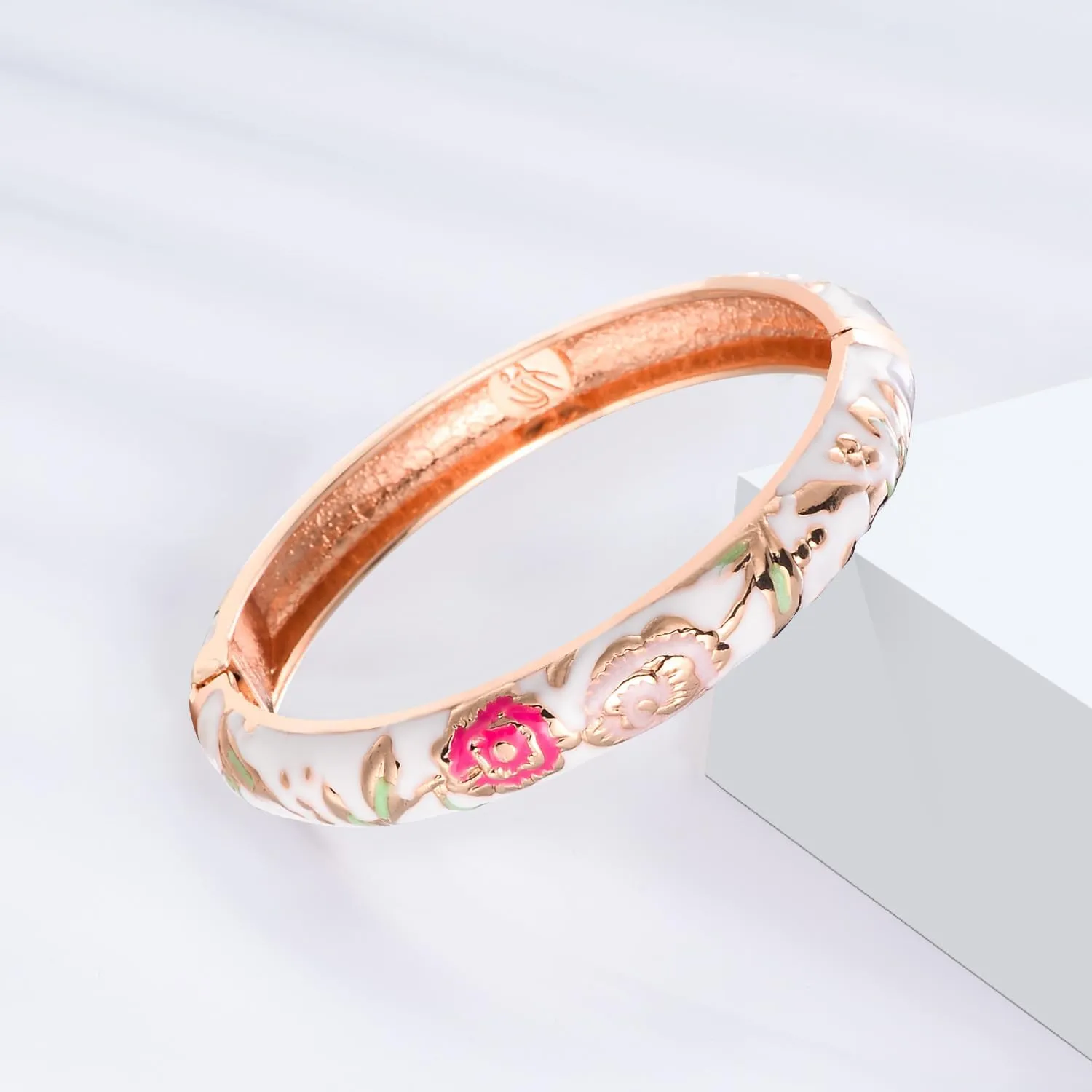 UJOY Vintage Jewelry Cloisonne Handcrafted Enameled Gorgeous Rhinestone Rose Gold Hinged Cuff Bracelet Bangles Gifts 88A10