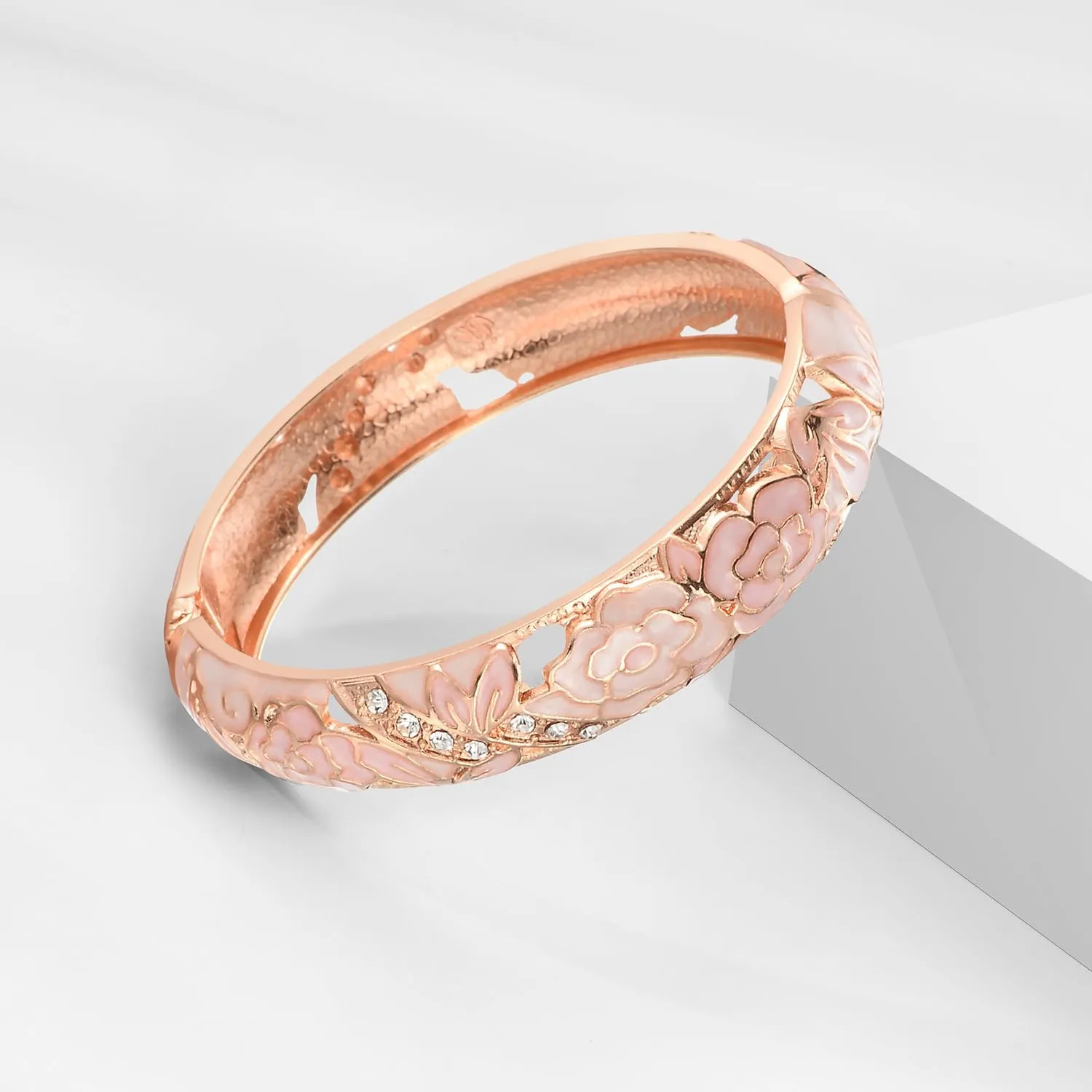 UJOY Vintage Jewelry Cloisonne Handcrafted Enameled Gorgeous Rhinestone Rose Gold Hinged Cuff Bracelet Bangles Gifts 88A10