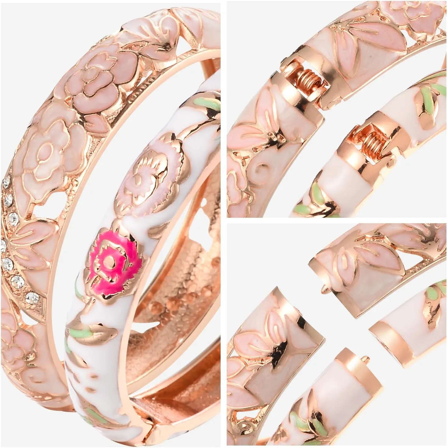 UJOY Vintage Jewelry Cloisonne Handcrafted Enameled Gorgeous Rhinestone Rose Gold Hinged Cuff Bracelet Bangles Gifts 88A10