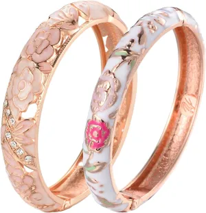 UJOY Vintage Jewelry Cloisonne Handcrafted Enameled Gorgeous Rhinestone Rose Gold Hinged Cuff Bracelet Bangles Gifts 88A10