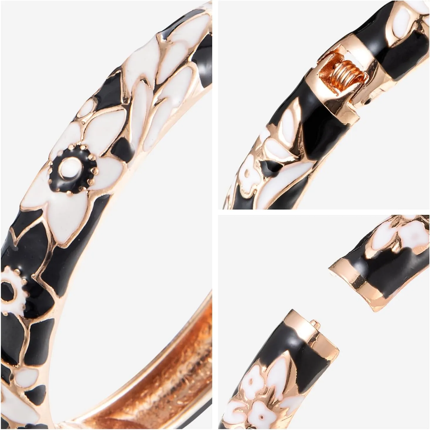UJOY Vintage Jewelry Cloisonne Handcrafted Flower Enameled Gorgeous Rhinestone Gold Hinged Cuff Bracelet Bangles Gifts 88A10