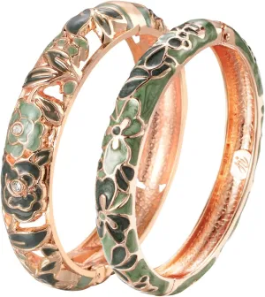 UJOY Vintage Jewelry Cloisonne Handcrafted Flower Enameled Gorgeous Rhinestone Gold Hinged Cuff Bracelet Bangles Gifts 88A10