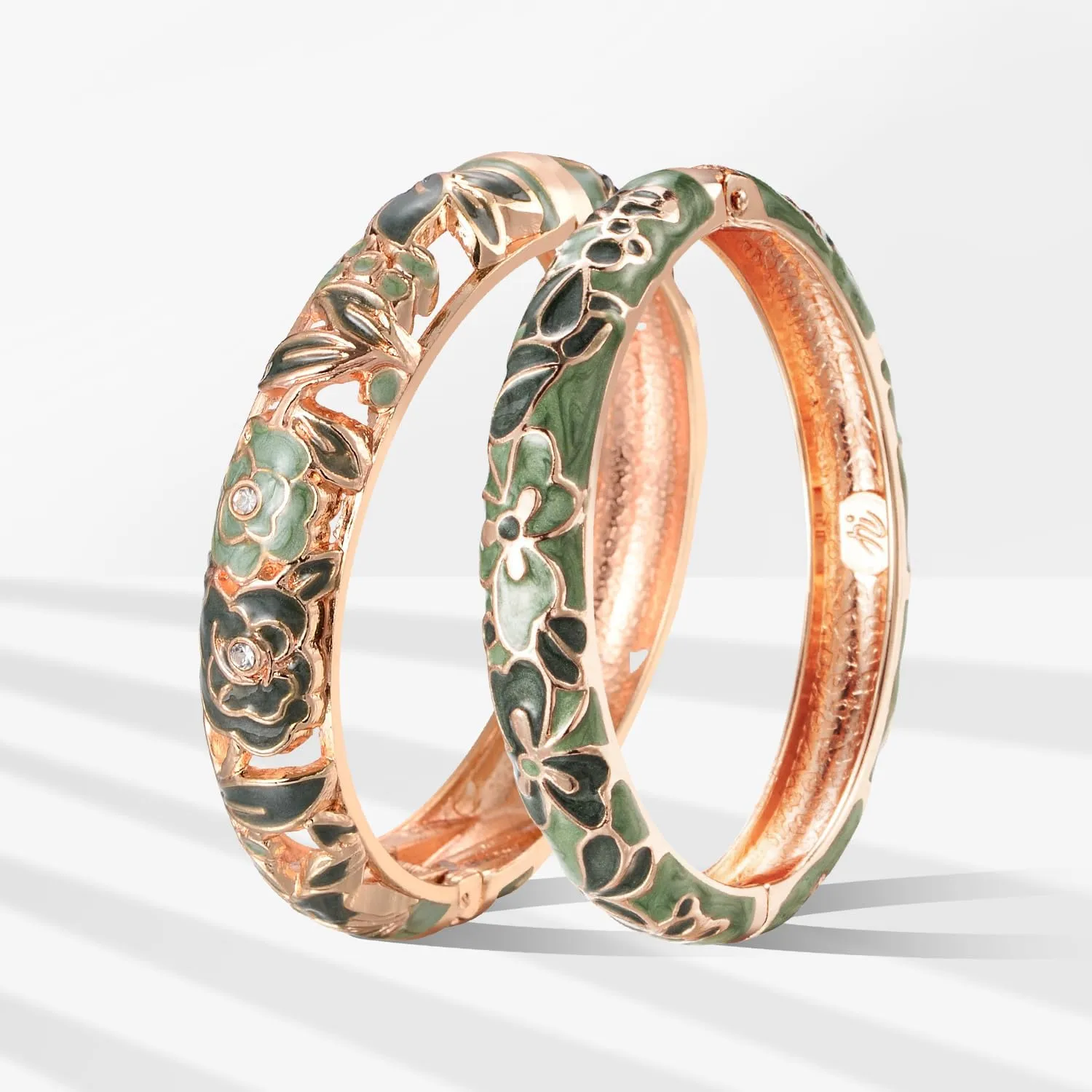 UJOY Vintage Jewelry Cloisonne Handcrafted Flower Enameled Gorgeous Rhinestone Gold Hinged Cuff Bracelet Bangles Gifts 88A10
