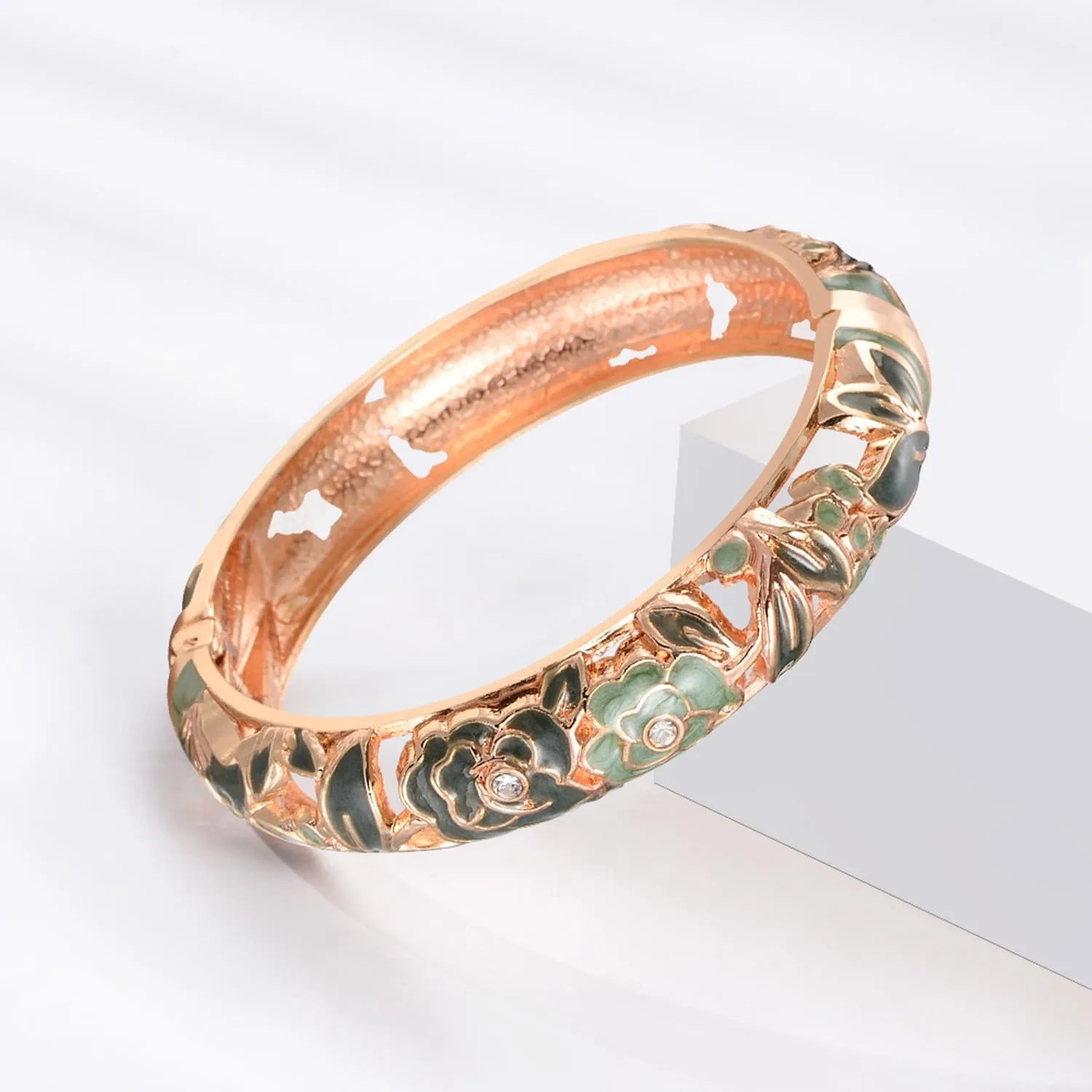 UJOY Vintage Jewelry Cloisonne Handcrafted Flower Enameled Gorgeous Rhinestone Gold Hinged Cuff Bracelet Bangles Gifts 88A10