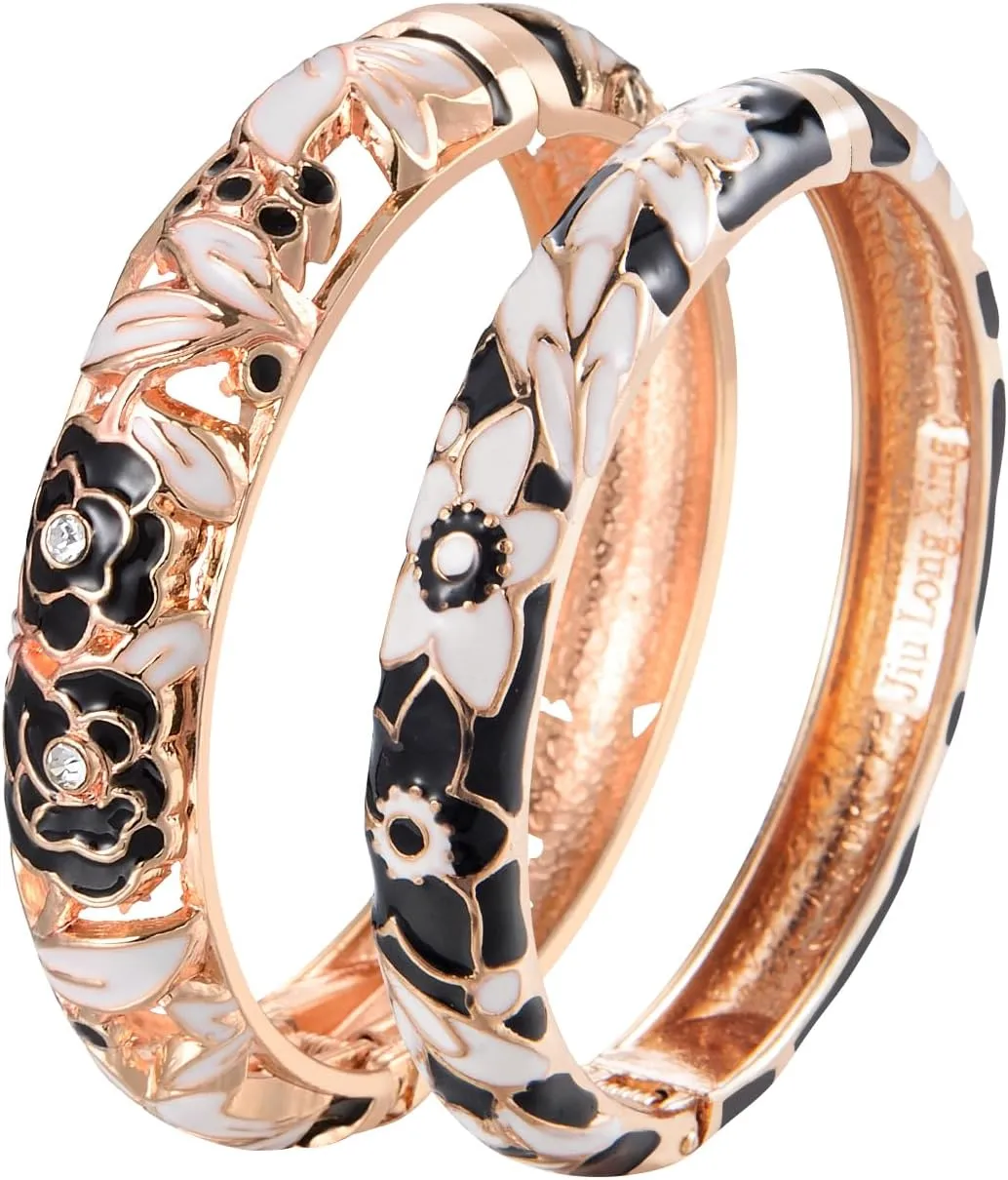UJOY Vintage Jewelry Cloisonne Handcrafted Flower Enameled Gorgeous Rhinestone Gold Hinged Cuff Bracelet Bangles Gifts 88A10
