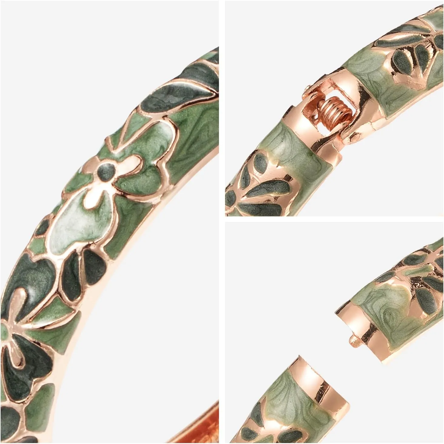 UJOY Vintage Jewelry Cloisonne Handcrafted Flower Enameled Gorgeous Rhinestone Gold Hinged Cuff Bracelet Bangles Gifts 88A10