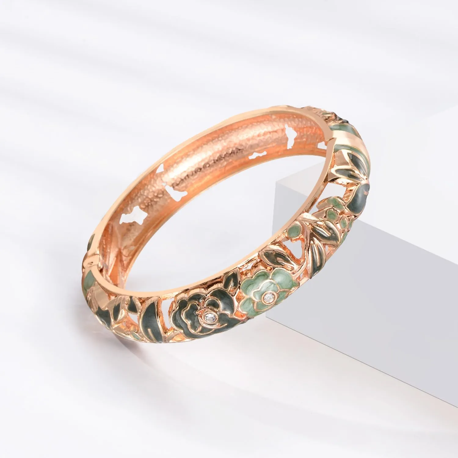 UJOY Womens Multi-Colors Cloisonne Bracelet Gold Plated Flower Hollowed Enameled Hinged Cuff Bangles Jewelry Gift 88A10