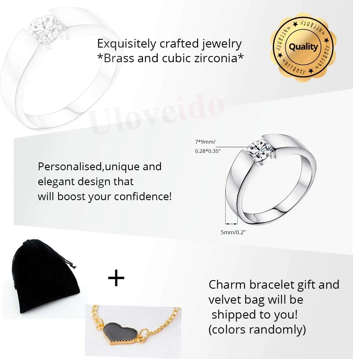 Uloveido Classic Platinum/Rose Gold Plated Round Brilliant Cut Cubic Zirconia Solitaire Wedding Engagement Rings J002