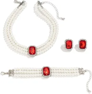 Vintage 4pcs Pearl Gemstone Choker Necklaces Earrings Bracelet Set 1920s Costume Party Pearl Jewelry Multilayer Gemstone Rhinestone Elegant Bridal Accessories for Women