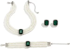 Vintage 4pcs Pearl Gemstone Choker Necklaces Earrings Bracelet Set 1920s Costume Party Pearl Jewelry Multilayer Gemstone Rhinestone Elegant Bridal Accessories for Women