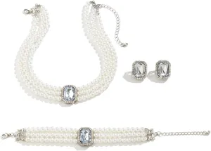 Vintage 4pcs Pearl Gemstone Choker Necklaces Earrings Bracelet Set 1920s Costume Party Pearl Jewelry Multilayer Gemstone Rhinestone Elegant Bridal Accessories for Women