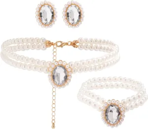 Vintage 4pcs Pearl Gemstone Choker Necklaces Earrings Bracelet Set Costume Party Pearl Jewelry Multilayer Gemstone Rhinestone Elegant Bridal Accessories for Women