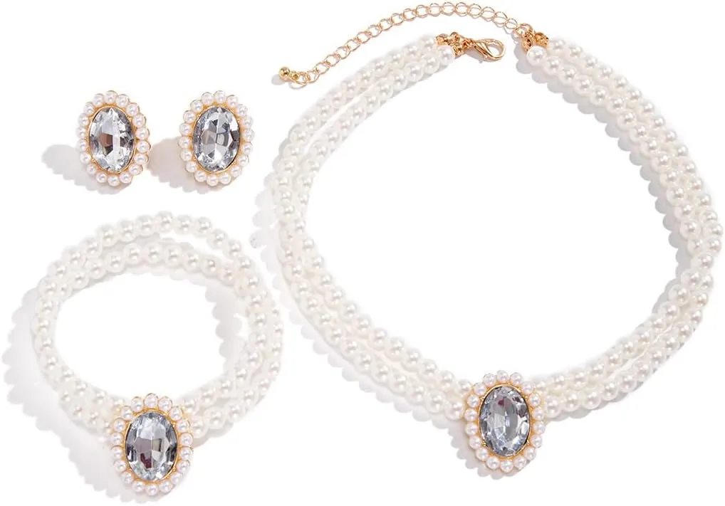 Vintage 4pcs Pearl Gemstone Choker Necklaces Earrings Bracelet Set Costume Party Pearl Jewelry Multilayer Gemstone Rhinestone Elegant Bridal Accessories for Women