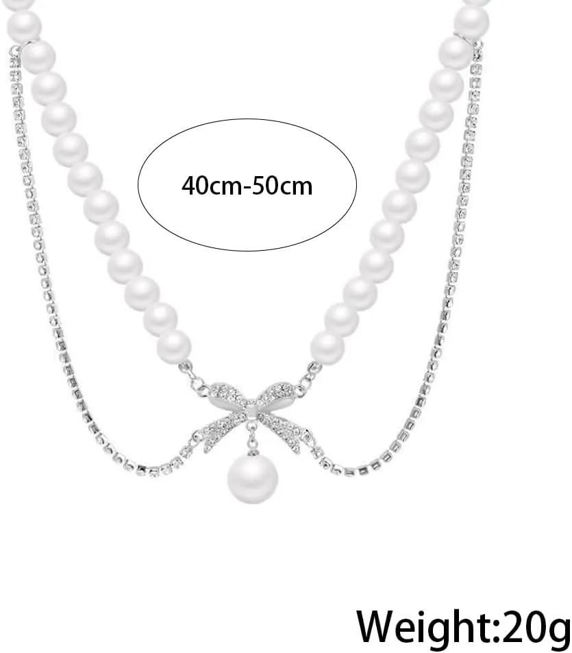Vintage Baroque Pearl Beaded Pendant Necklace for Women,Classic Bowknot Rhinestone Handmade Layered Choker Necklace,Charming Wedding Jewelry Gifts