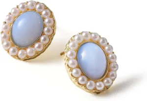 Vintage Style Pearl and Blue Stone Stud Earrings, Gold-Tone Frame1920s