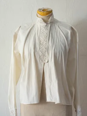 Vintage Victorian White Cotton Blouse with Crochet Detail S/M