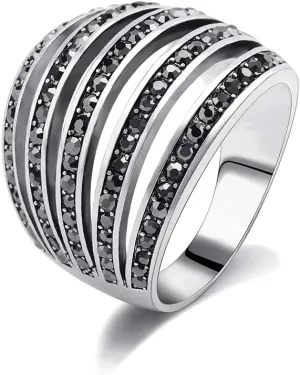 Vintage Wide Ring Classic Black Marcasite Crystal Rows Statement Silver Chunky Rings