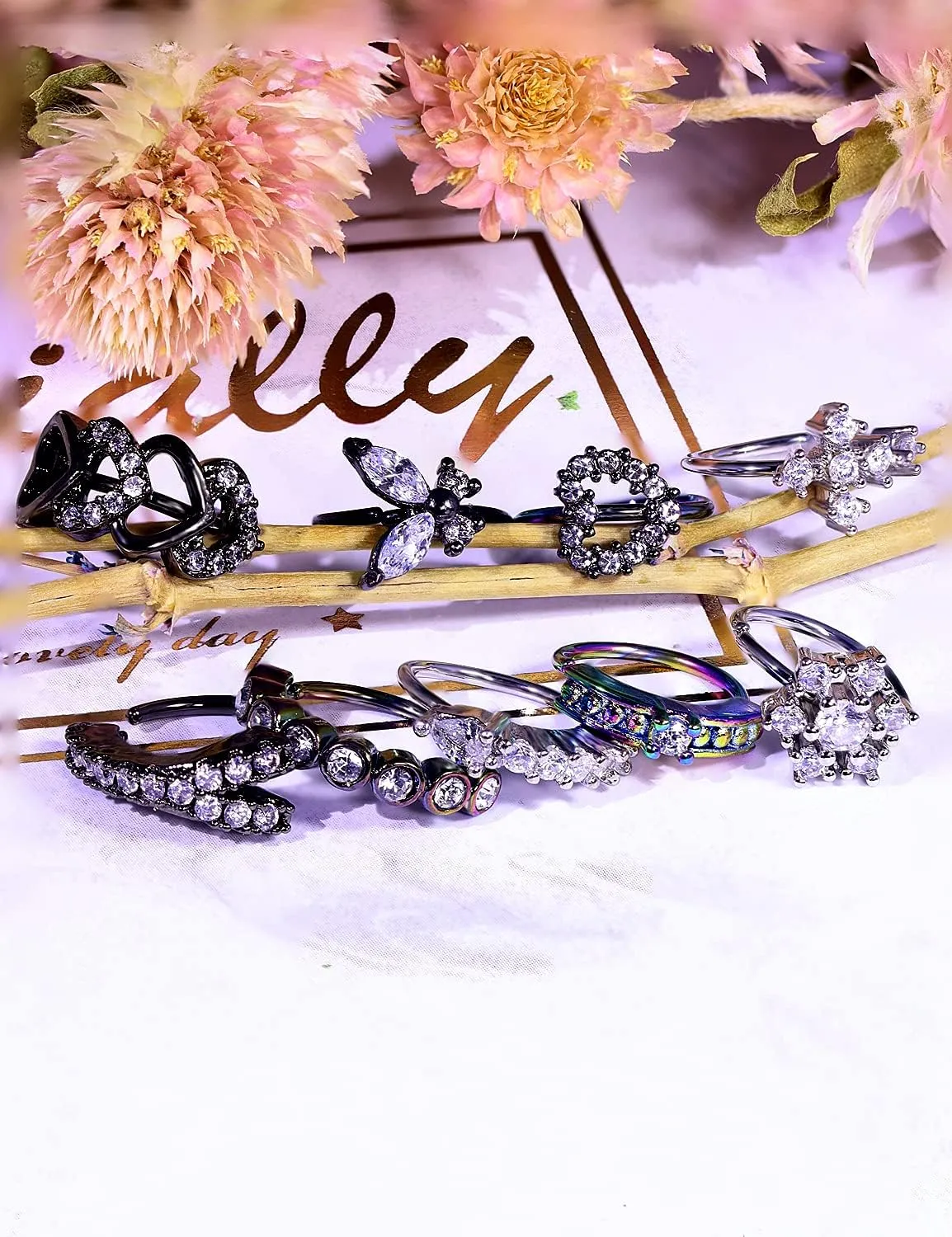 Vsnnsns 20G Nose Rings Hoops for Women 316L Stainless Surgical Steel Heart Butterfly Flower Cross Cubic Zirconia Nose Rings Hoops Piercing Jewelry for Women Men 20 Gauge Silver Black Rose Gold 8MM