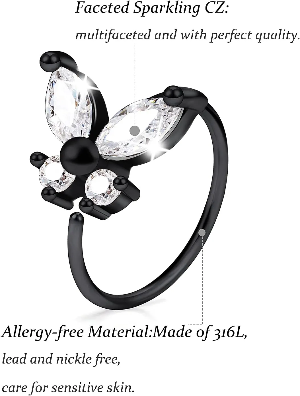 Vsnnsns 20G Nose Rings Hoops for Women 316L Stainless Surgical Steel Heart Butterfly Flower Cross Cubic Zirconia Nose Rings Hoops Piercing Jewelry for Women Men 20 Gauge Silver Black Rose Gold 8MM