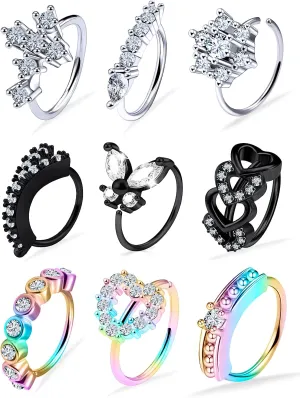 Vsnnsns 20G Nose Rings Hoops for Women 316L Stainless Surgical Steel Heart Butterfly Flower Cross Cubic Zirconia Nose Rings Hoops Piercing Jewelry for Women Men 20 Gauge Silver Black Rose Gold 8MM