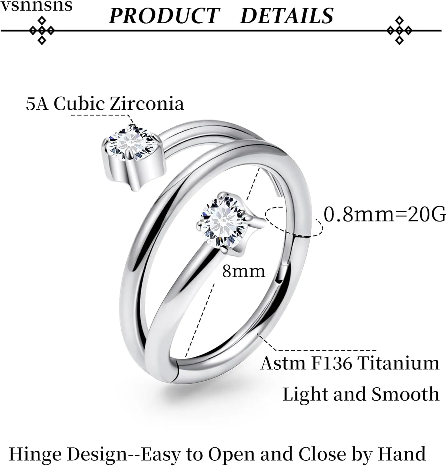 Vsnnsns Astm F136 Titanium Nose Rings Hoops 20G 18G 16G Tragus Daith Rook Helix Cartilage Conch Earrings Hoops Nose Rings Snake Bite Lip Rings Labret Piercing Jewelry Hoops For Women Men