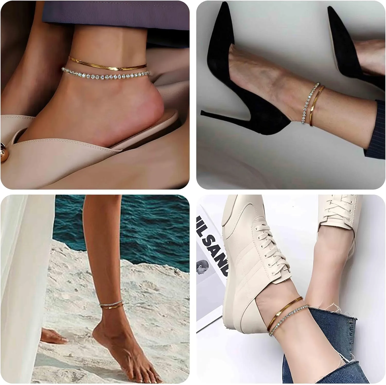 Waterproof Gold Ankle Bracelets for Women - Dainty 18K Gold Plated Anklets Butterfly Tennis Herringbone Cuban Link Chain Cute Anklets Autumn Beach Nightclub Jewelry Gift for Women Teen