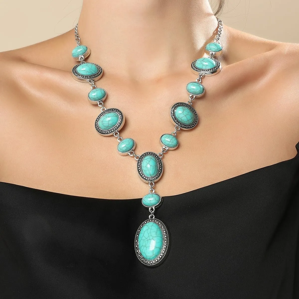 WCRAZYE Western Necklaces for Women Cowgirl Cowboy Pendant Necklace Vintage Multi Layered Chain Turquoise Stone Flower Cross Pendant Necklace Boho Turquoise Necklace Jewelry (Teardorp Y)