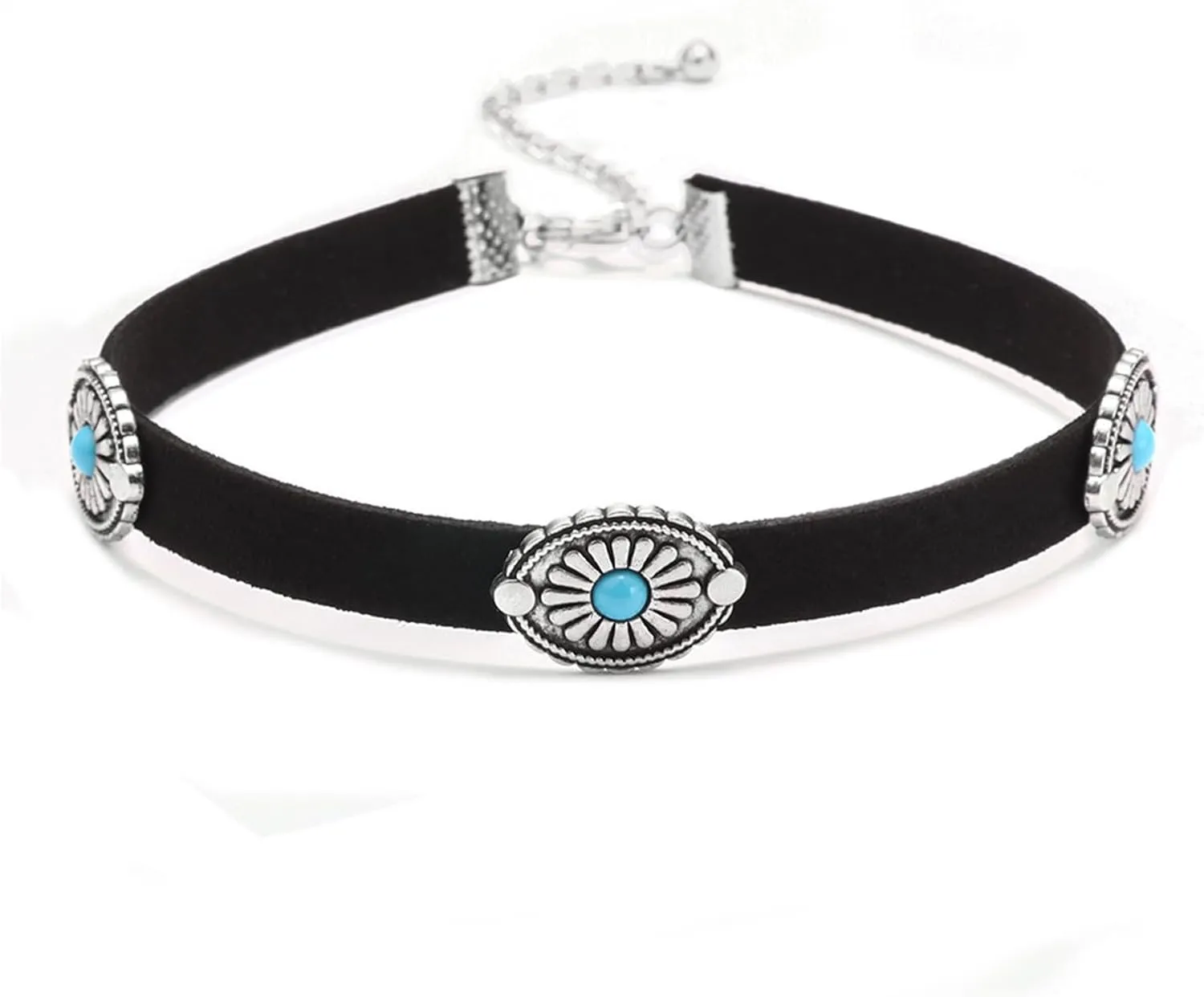 Western Choker Necklace for Women,Turquoise Choker Necklace,Black Leather Choker Boho Jewelry, Adjustable Suede Necklace,Bohemian Turquoise Floral Pendant Necklace,Jewelry Gifts for Women