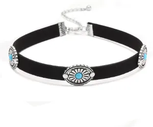 Western Choker Necklace for Women,Turquoise Choker Necklace,Black Leather Choker Boho Jewelry, Adjustable Suede Necklace,Bohemian Turquoise Floral Pendant Necklace,Jewelry Gifts for Women