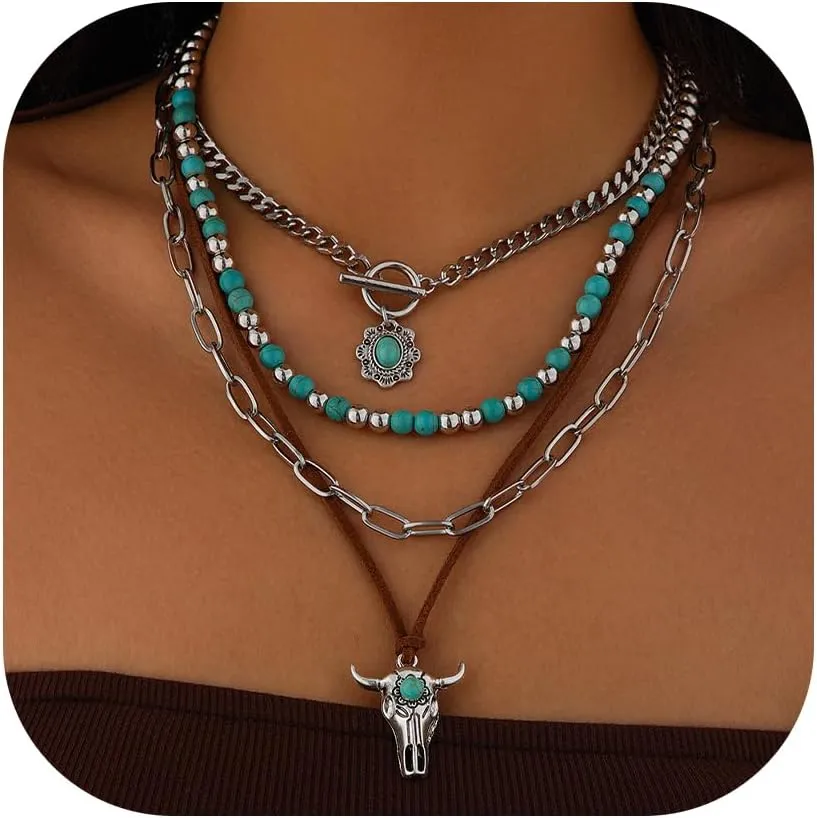 Western Necklaces Boho Layered Charm Necklace for Women Turquoise Beaded Choker Ox-head Pendant Necklace Western Jewelry for Women Cowgirl Accessories