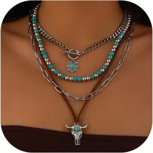 Western Necklaces Boho Layered Charm Necklace for Women Turquoise Beaded Choker Ox-head Pendant Necklace Western Jewelry for Women Cowgirl Accessories
