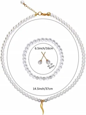 White 5mm Glass Imitation Pearls Gold-plated Pendant Necklace Earring Bracelet Jewelry 3 Set for Women