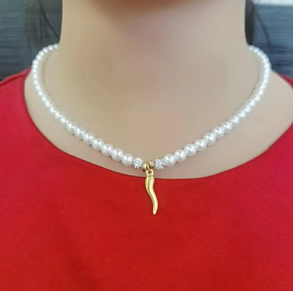 White 5mm Glass Imitation Pearls Gold-plated Pendant Necklace Earring Bracelet Jewelry 3 Set for Women