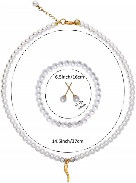 White 5mm Glass Imitation Pearls Gold-plated Pendant Necklace Earring Bracelet Jewelry 3 Set for Women
