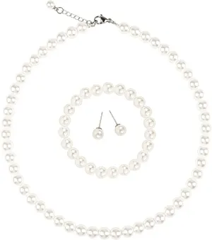 White Faux Hand Glass Imitation Pearls Necklace Earring Bracelet Jewelry 3 Set for Women and Girls