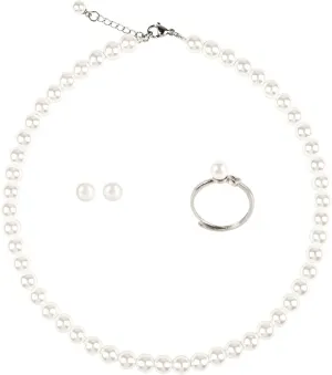 White Faux Hand Glass Imitation Pearls Necklace Earring Ring Jewelry 3 Set for Women