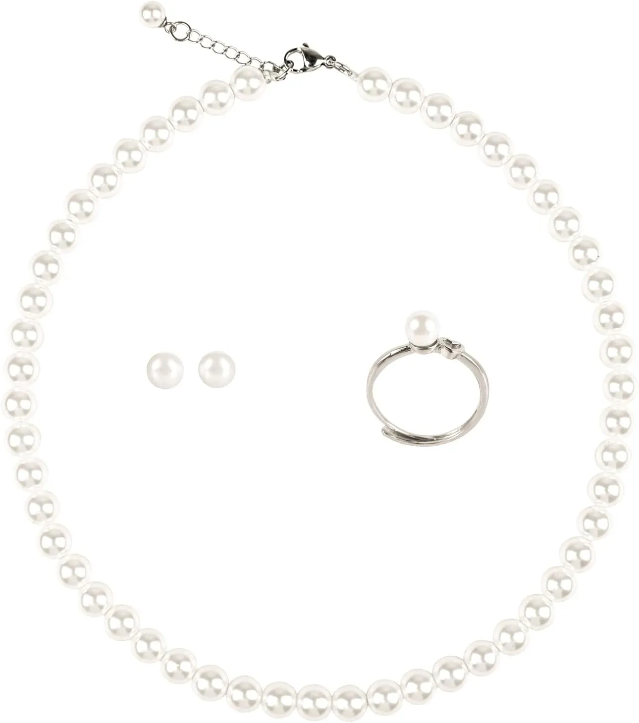 White Faux Hand Glass Imitation Pearls Necklace Earring Ring Jewelry 3 Set for Women