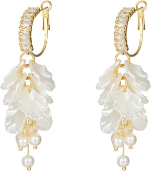 White Pearl Petal Flower Hoop Dangling Earrings for Women,Long Sparkly CZ Cubic Lightweight Women Jewelry Flower Floral Earrings for Wedding Party Bride Bridesmaid