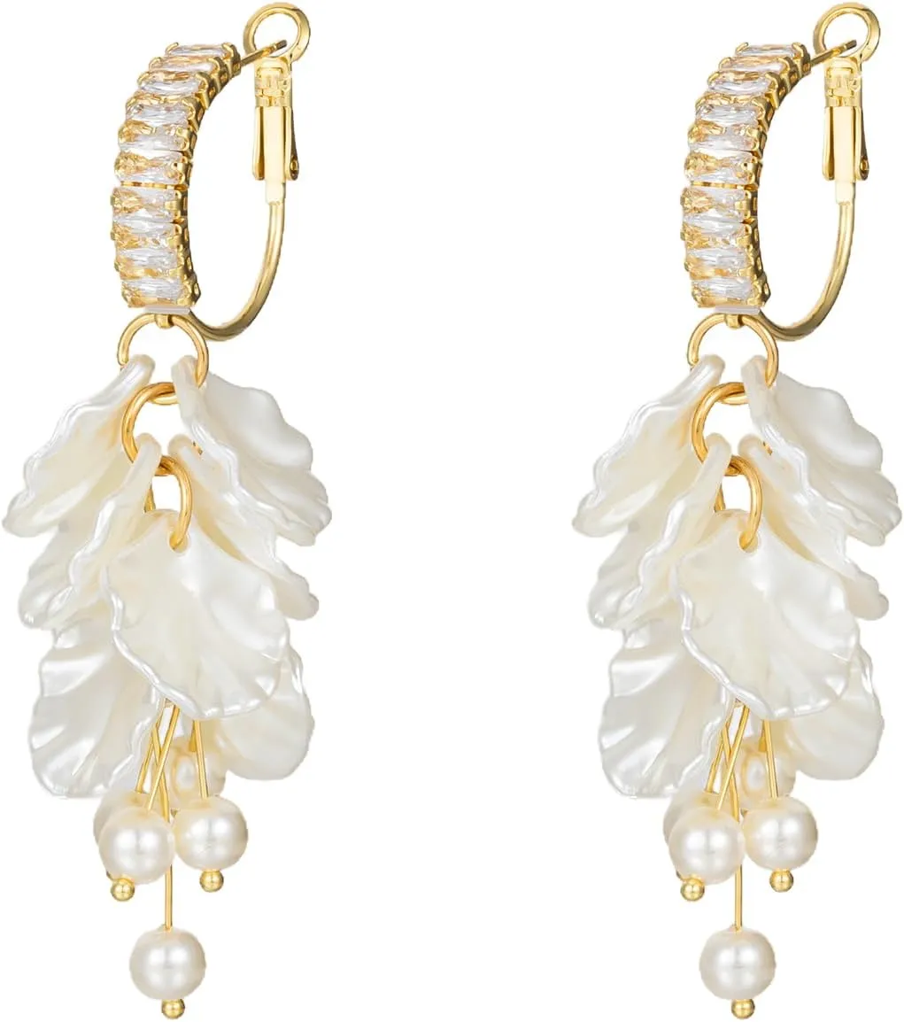 White Pearl Petal Flower Hoop Dangling Earrings for Women,Long Sparkly CZ Cubic Lightweight Women Jewelry Flower Floral Earrings for Wedding Party Bride Bridesmaid