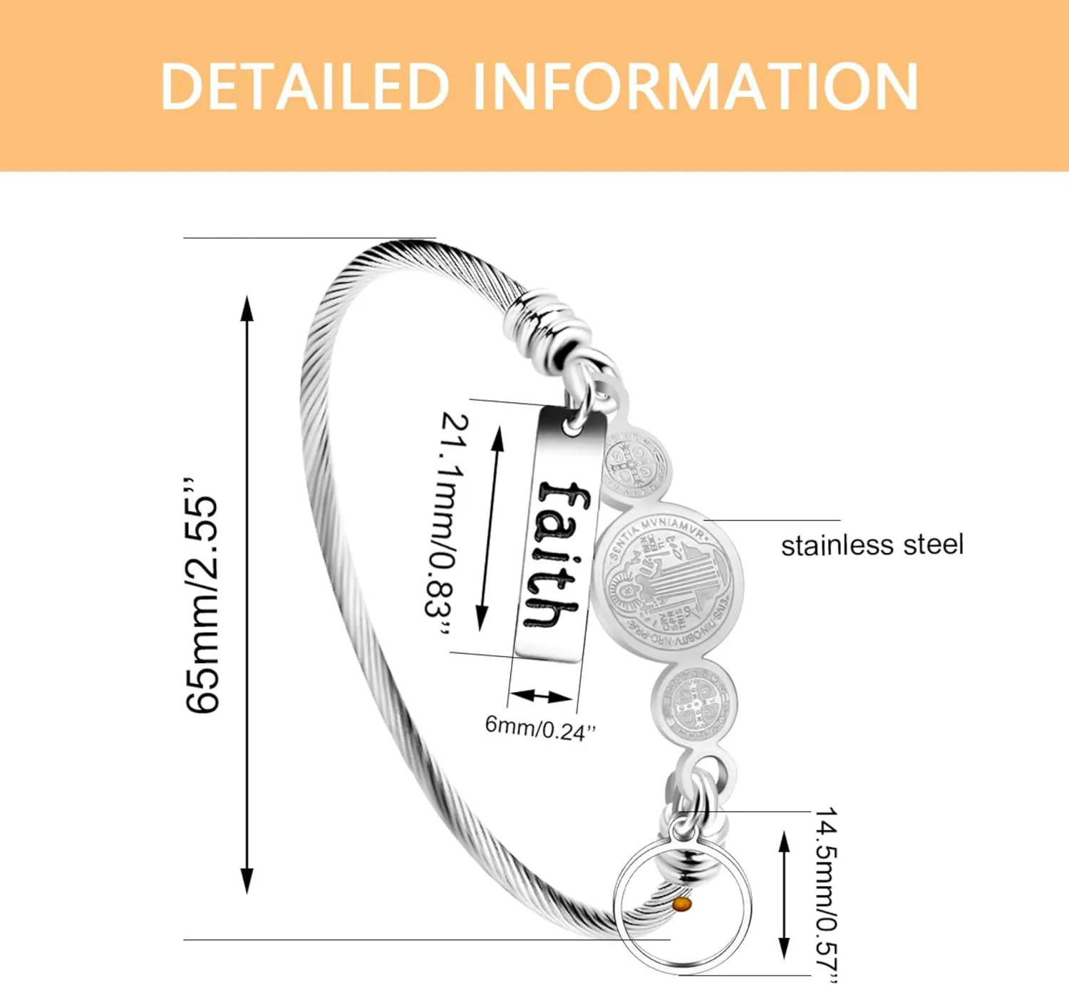 White/Gold/Rose Gold Plated Stainless Steel Twisted Rope Saint Benedict Medal Bangle Bracelets for Women - Mustard Seed Faith CSPB Cross Christian Jewelry for Church Prayer Y4231