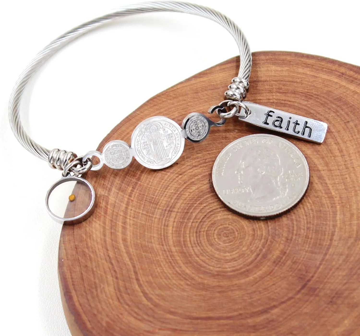 White/Gold/Rose Gold Plated Stainless Steel Twisted Rope Saint Benedict Medal Bangle Bracelets for Women - Mustard Seed Faith CSPB Cross Christian Jewelry for Church Prayer Y4231