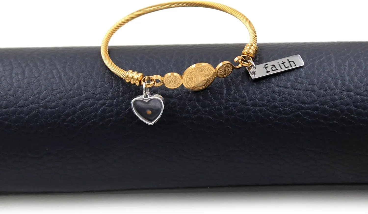 White/Gold/Rose Gold Plated Stainless Steel Twisted Rope Saint Benedict Medal Bangle Bracelets for Women - Mustard Seed Faith CSPB Cross Christian Jewelry for Church Prayer Y4231